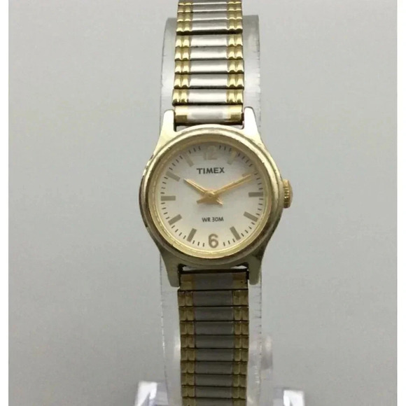 Timex Watch Women Silver Gold Dual Tone Round Stretch Band 30M - Picture 1 of 10